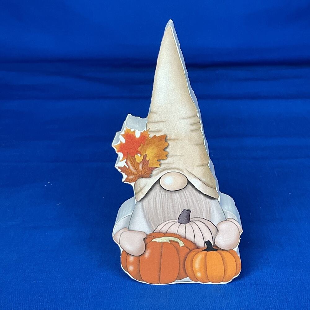 Fall Pumpkin Gnome Shaped Wooden Block Sign Autumn Leaves Shelf Sitter Decor